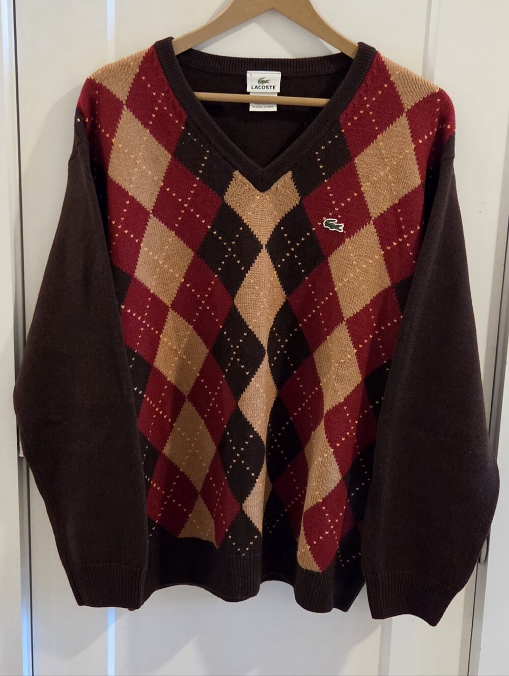 Lacoste Extrafine Merino Wool V-Neck Argyle Sweater - Size XL / 6 - Brown, Red